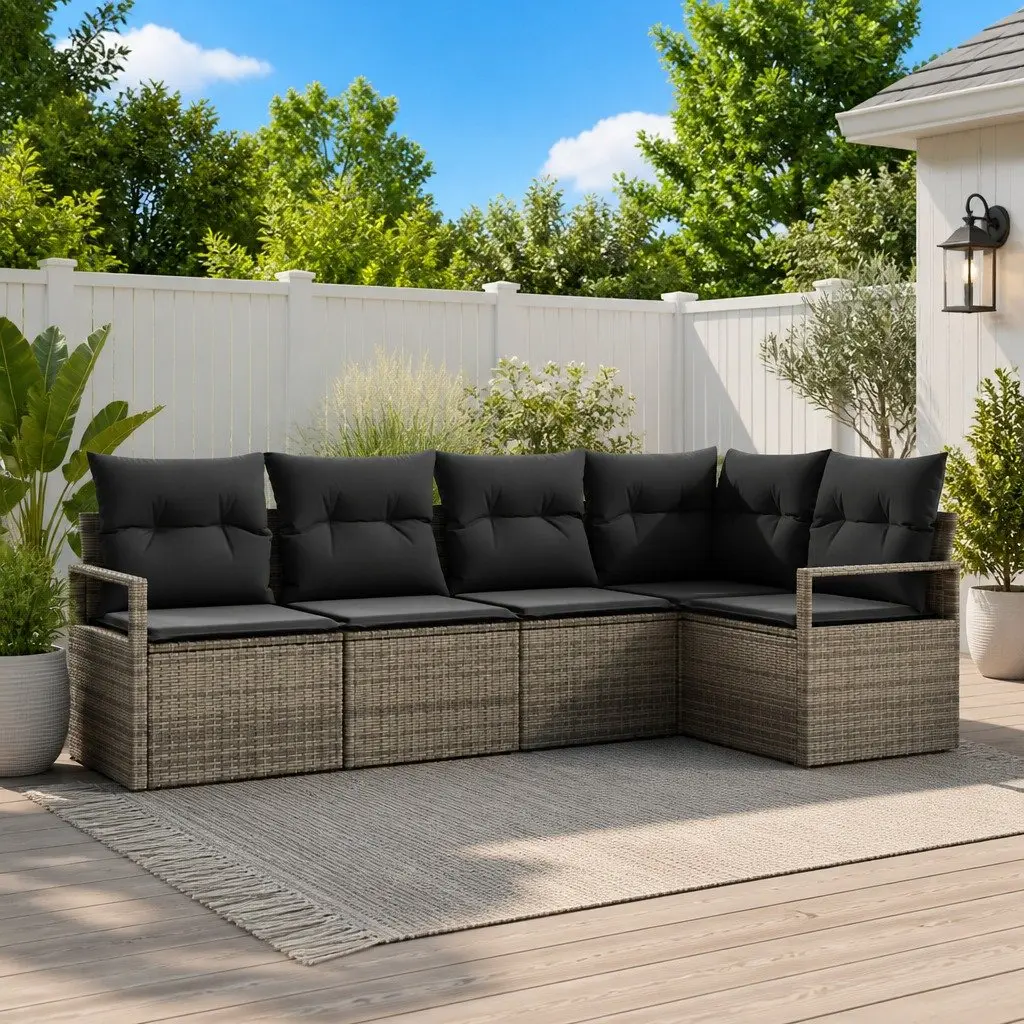 Garden Sofa Set 5 Piece Modular Sectional Outdoor Seating Grey Poly Rattan