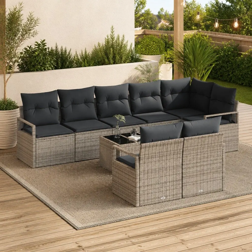 Garden Sofa Set 9 Piece Modular Poly Rattan Outdoor Seating Light Grey Cushion