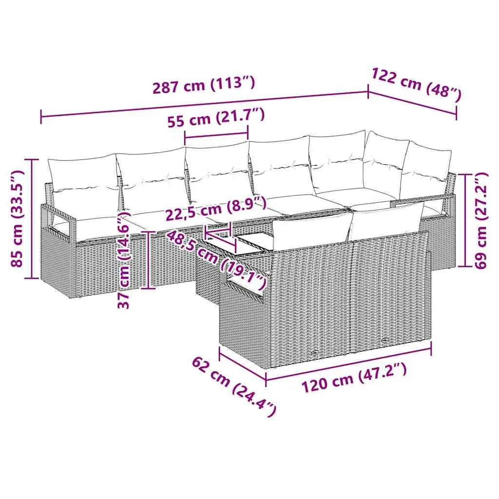 Garden Sofa Set 9 Piece Modular Poly Rattan Outdoor Seating Light Grey Cushion