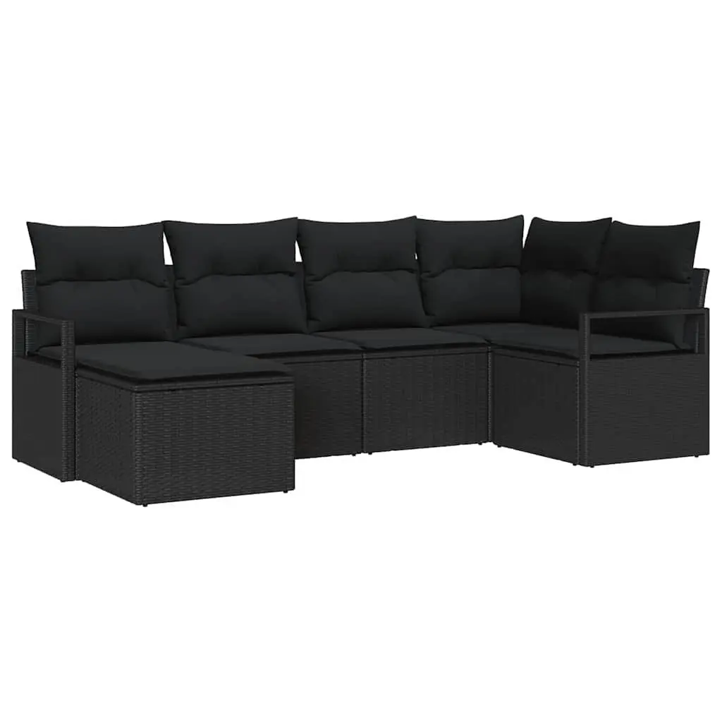 Outdoor Sofa Set 6 Pieces Modular Black Poly Rattan with Storage Compartments