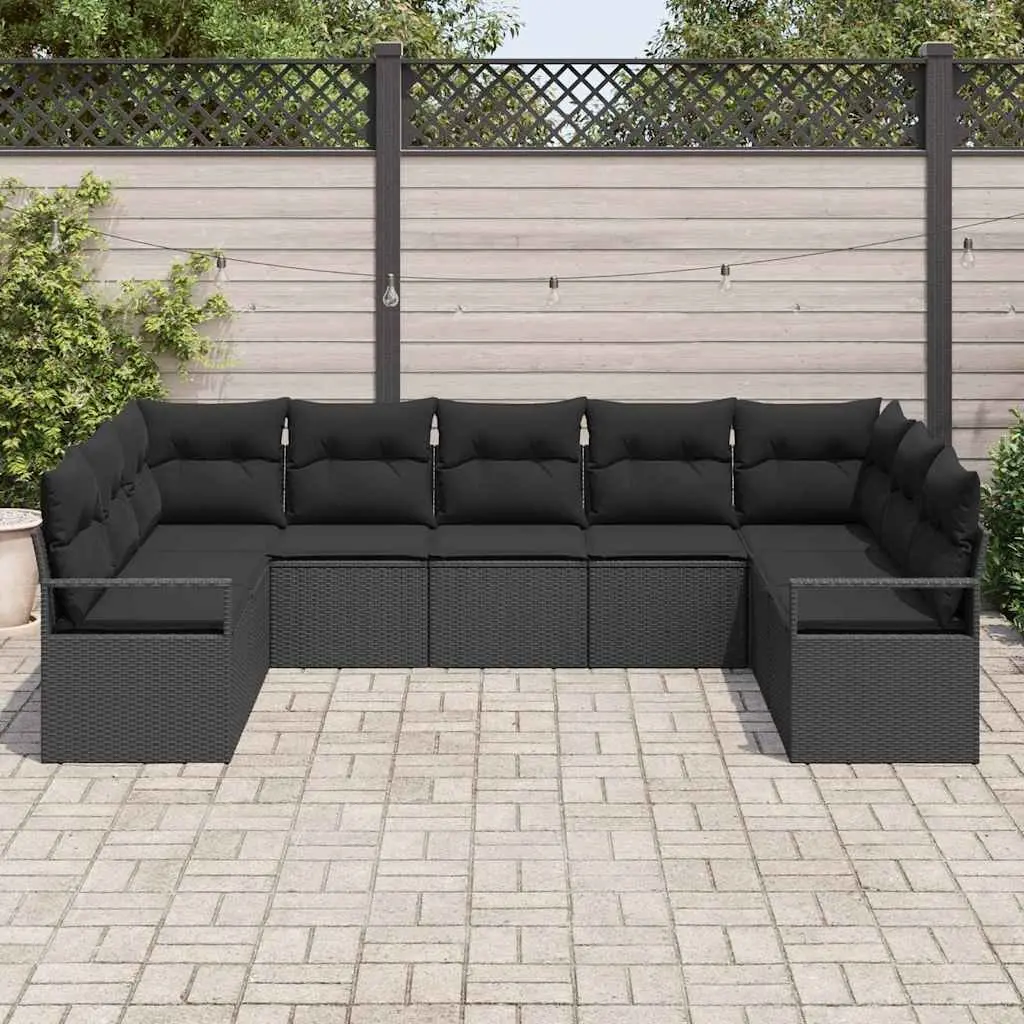 Outdoor Garden Sofa Set 9 Piece Black Poly Rattan Weather Resistant with Cushions