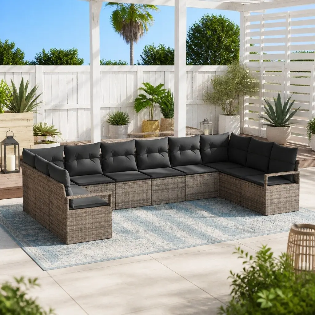 Garden Sofa Set 10 Piece Modular Outdoor Sectional Seating Grey Poly Rattan