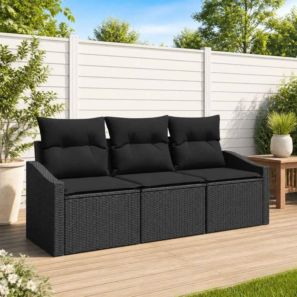 Outdoor Sofa Set 3 Piece Black Poly Rattan Weather Resistant with Cushions