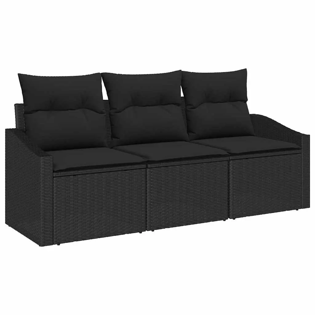 Outdoor Sofa Set 3 Piece Black Poly Rattan Weather Resistant with Cushions