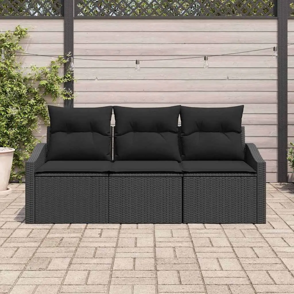 Outdoor Sofa Set 3 Piece Black Poly Rattan Weather Resistant with Cushions