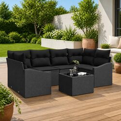 Outdoor Sofa Set 7 Piece Modular Garden Seating Black Poly Rattan with Storage