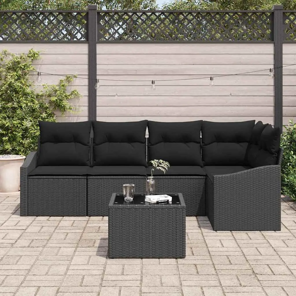 Outdoor Garden Sofa Set 6 Pieces Black Poly Rattan Seating with Cushions