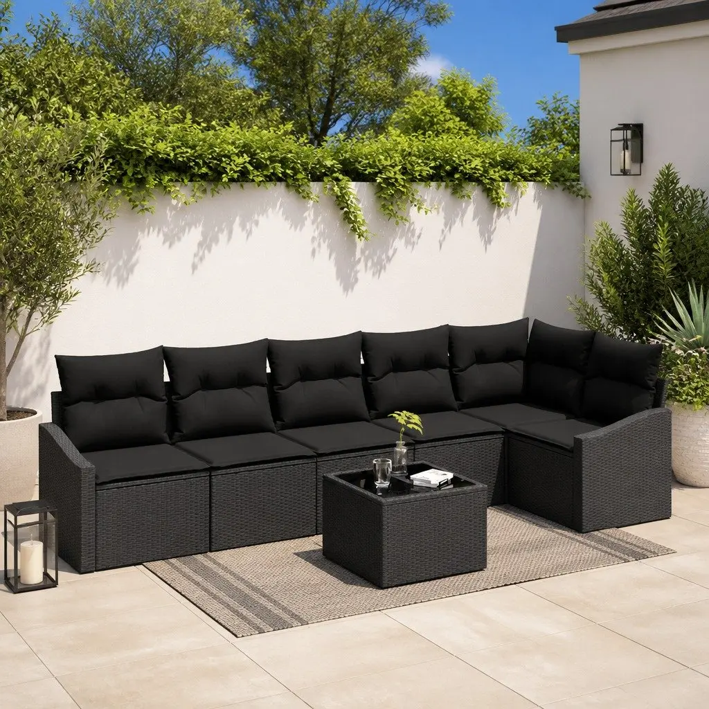 Outdoor Garden Sofa Set 7 Piece Black Poly Rattan Patio Furniture Lounge Suite