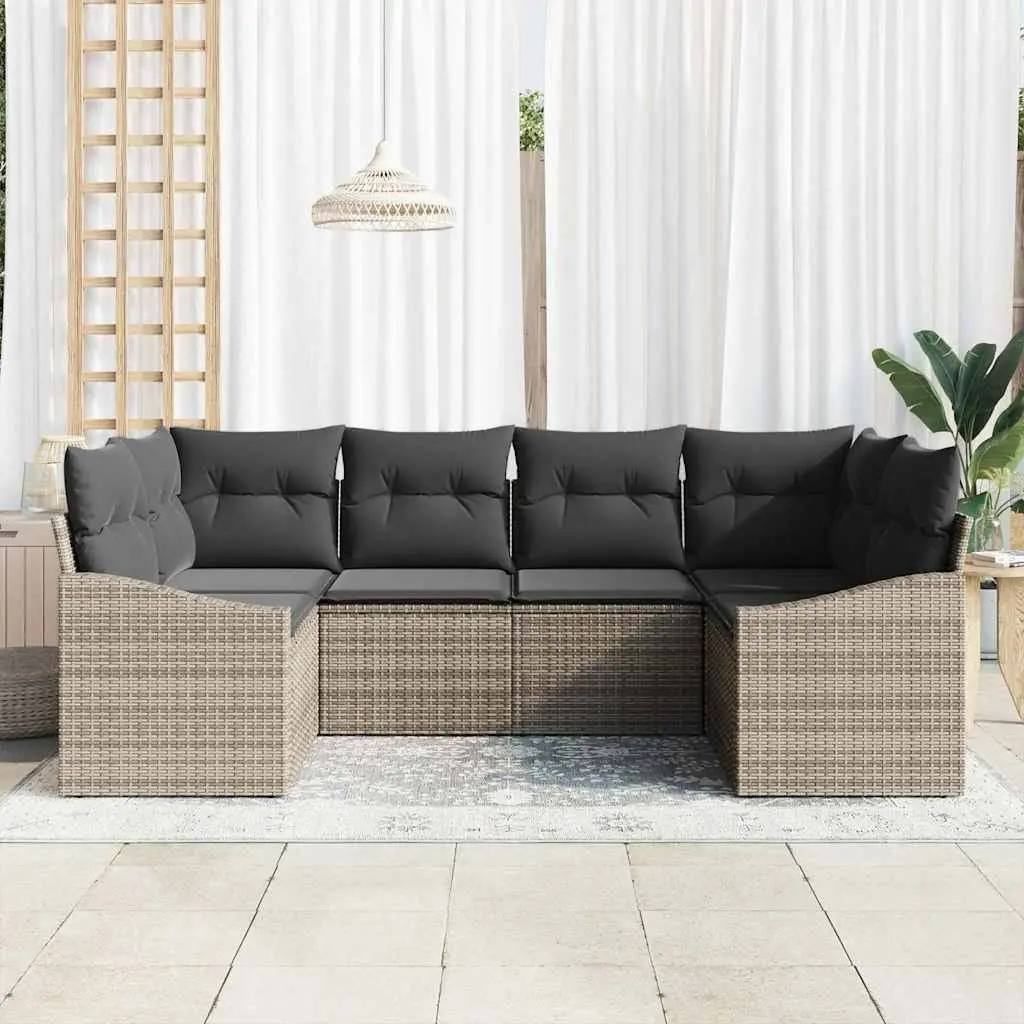 Modular Garden Sofa Set 6 Piece Grey Poly Rattan Acacia Wood Corner Lounge