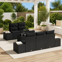 Outdoor 6-Piece Black Poly Rattan Sofa Set with Cushions