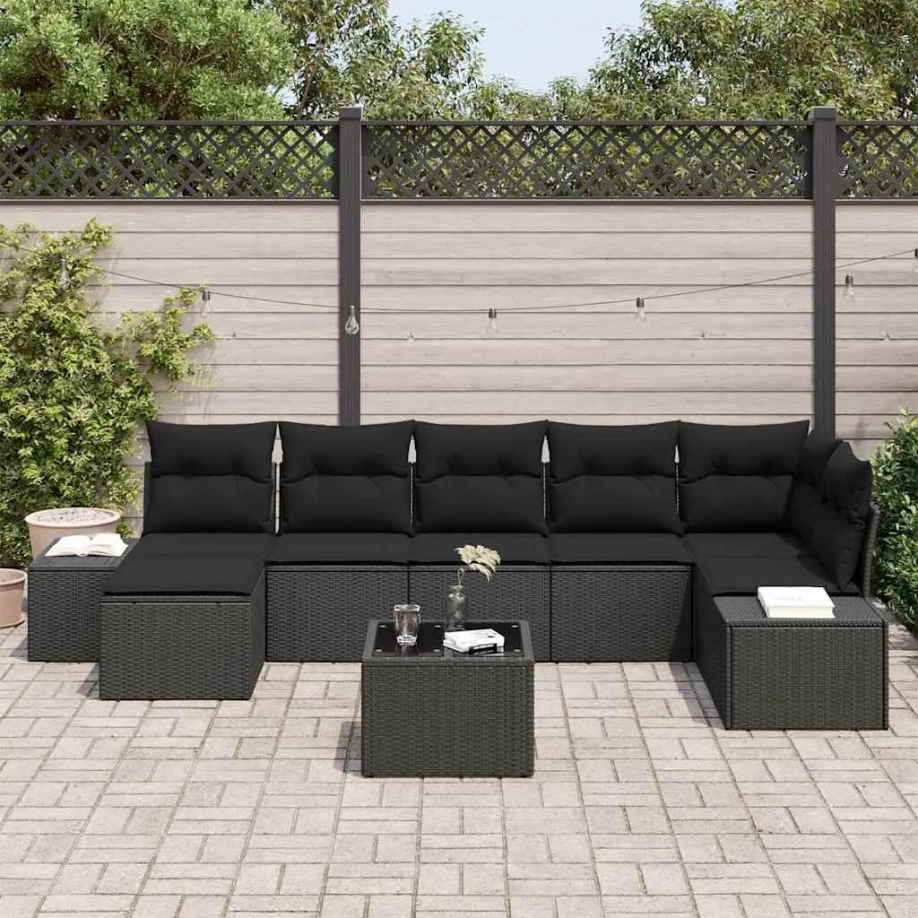Modular 7 Piece Patio Sofa Set Black Poly Rattan with Height Adjustable Table for Outdoor Living