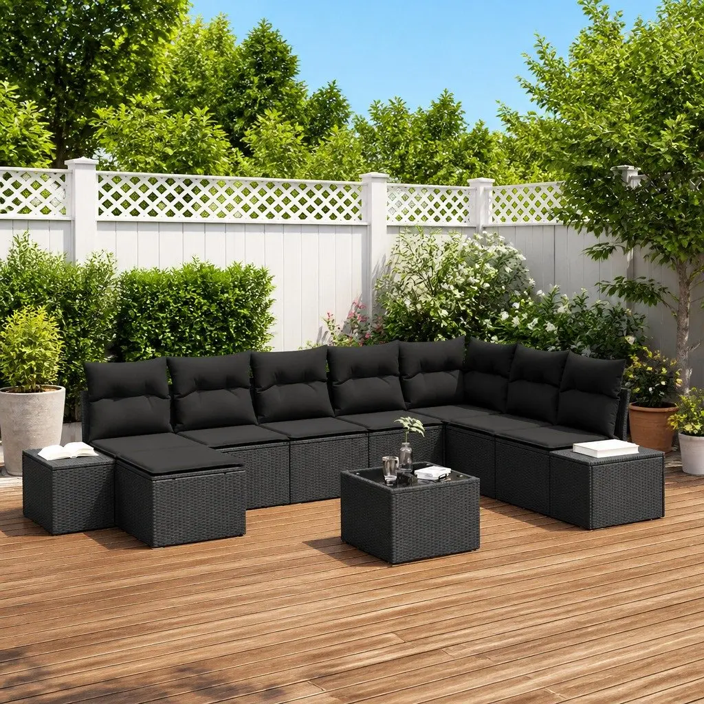 Garden Sofa Set 8 Pieces Black Poly Rattan Modular Outdoor Furniture with Height Adjustable Table and Storage Compartments