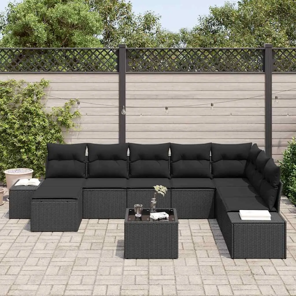 Garden Sofa Set 8 Pieces Black Poly Rattan Modular Outdoor Furniture with Height Adjustable Table and Storage Compartments