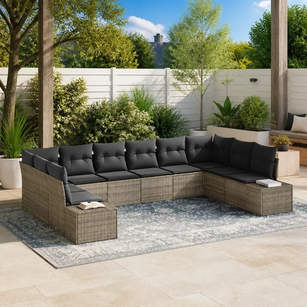 Modular Outdoor Sofa Set 10 Pieces Grey Poly Rattan Weather Resistant with Cushions