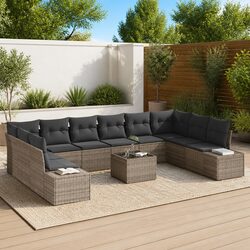 Modular Garden Sofa Set 10 Pieces Grey Poly Rattan Outdoor Seating with Cushions