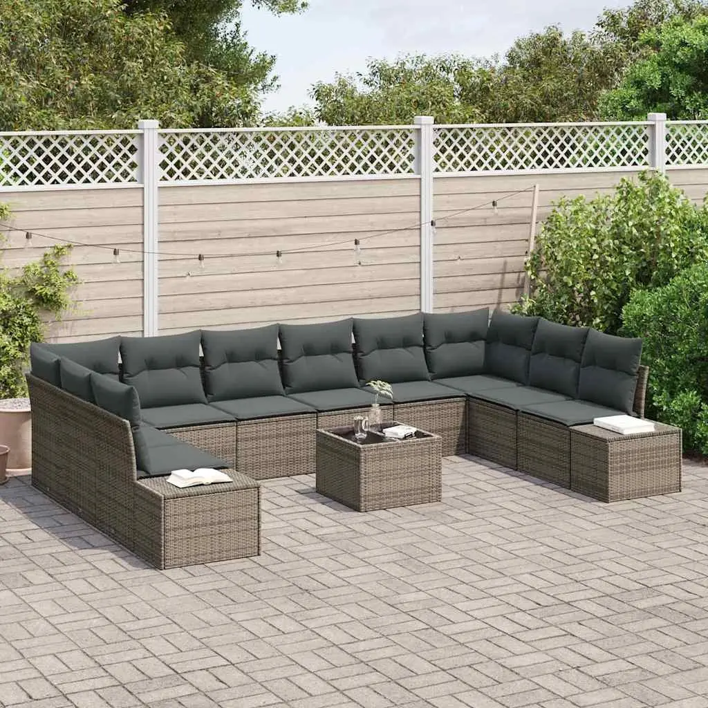 Modular Garden Sofa Set 10 Pieces Grey Poly Rattan Outdoor Seating with Cushions