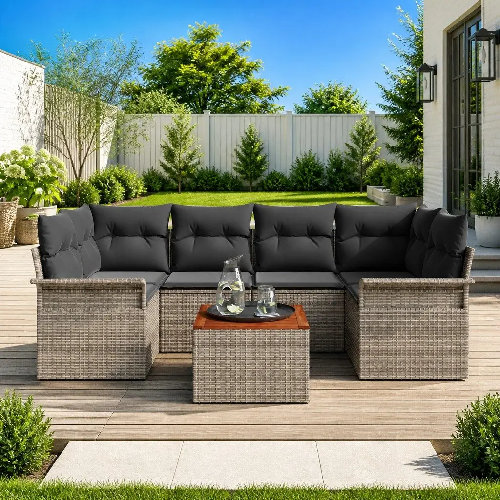 Garden Sofa Set 7 Piece Modular Corner Lounge Grey Poly Rattan