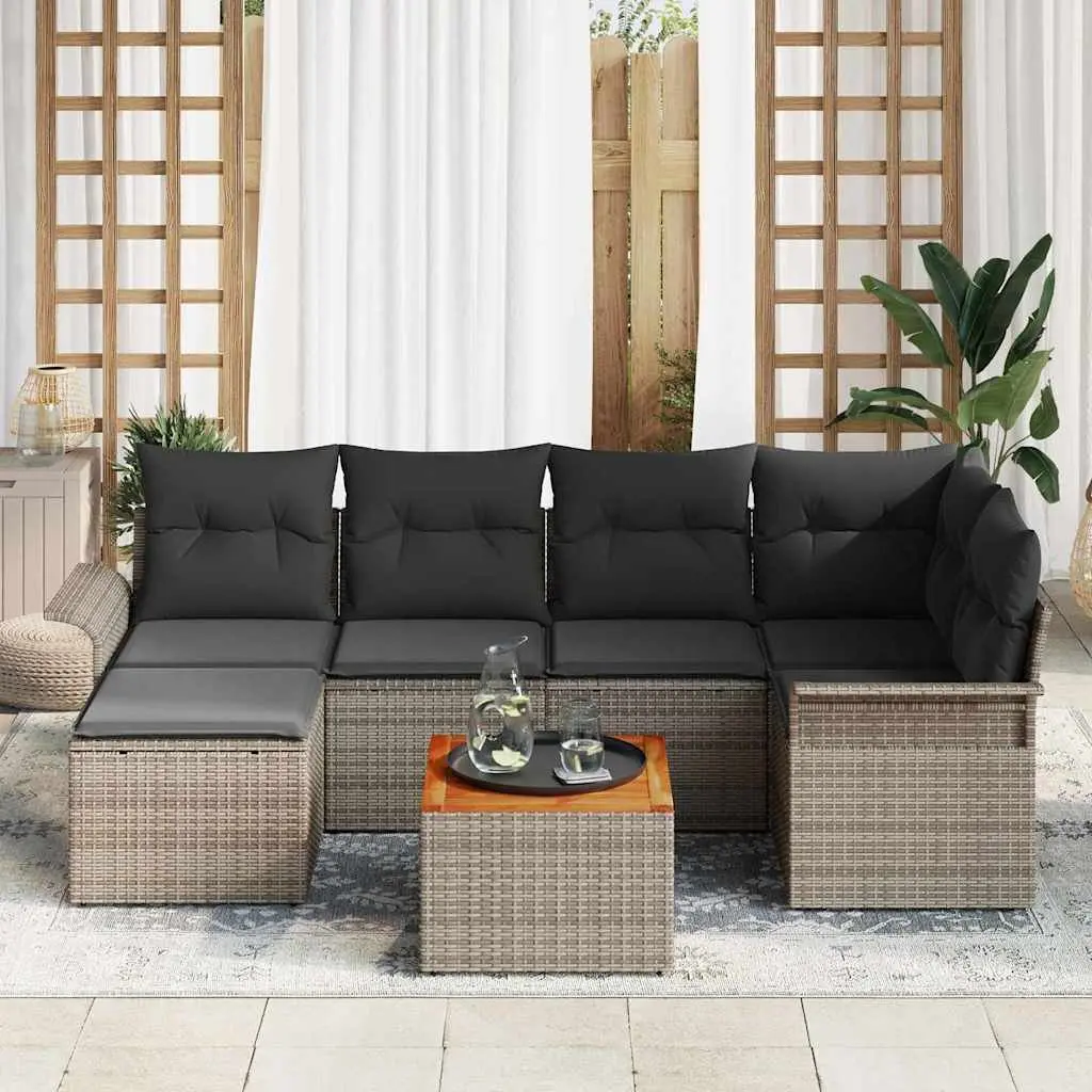Modular Outdoor Garden Sofa Set 7 Piece Flexible Arrangement Solid Acacia Wood Poly Rattan Grey