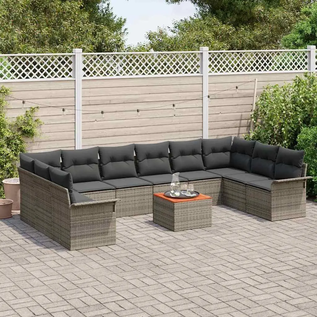 11 Piece Modular Sofa Set Outdoor Grey Poly Rattan with Acacia Wood Table