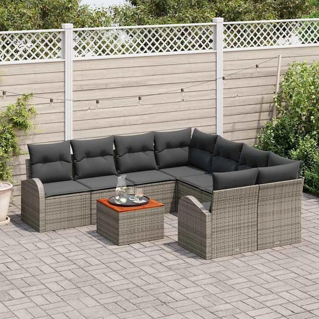 Garden Sofa Set 9 Pieces Modular Grey Poly Rattan Furniture with Acacia Wood Table