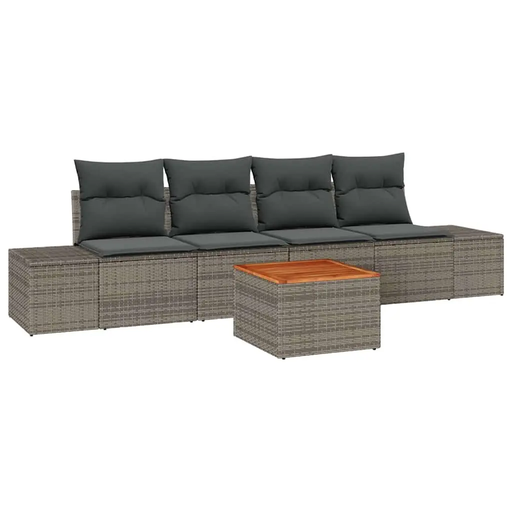 Outdoor Garden Sofa Set 5 Piece Grey Modular Rattan Furniture with Acacia Wood Tabletop and Foam Cushions