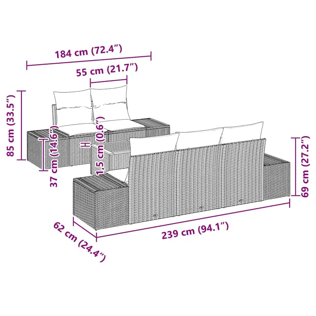 Modular Garden Sofa Set 6 Piece Grey Weather-Resistant Poly Rattan Patio Furniture