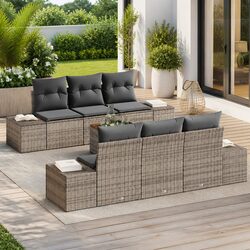 Garden Sofa Set Modular Outdoor Furniture 7 Pcs Grey Poly Rattan with Storage