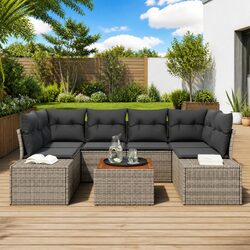 7-Piece Grey Poly Rattan Garden Sofa Set for Outdoor Use