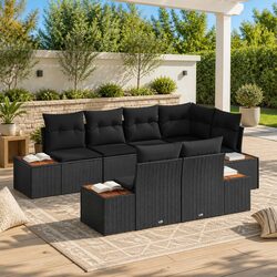 Outdoor Garden Sofa Set 7 pcs Modular Poly Rattan Black Lounge Seating Patio