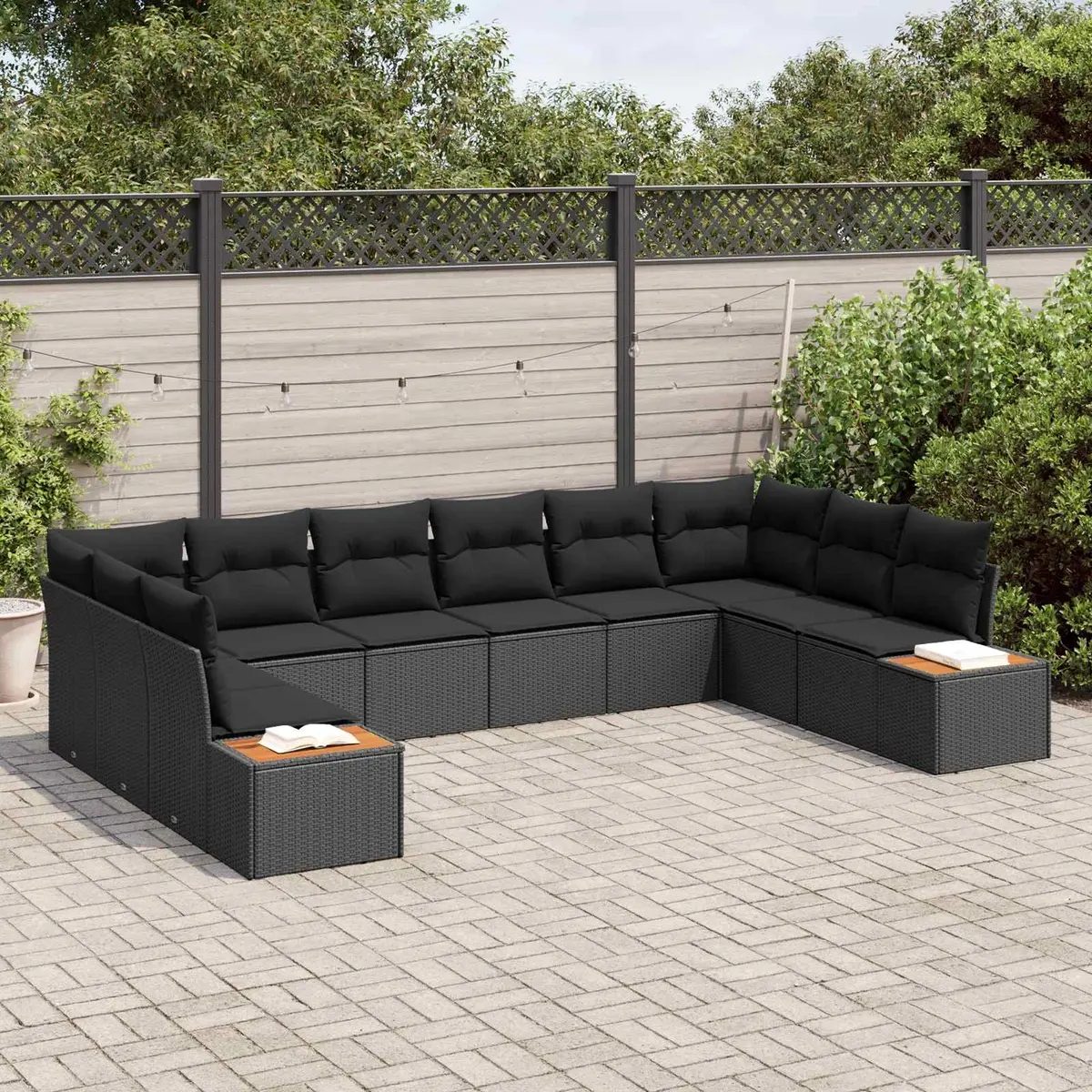 Outdoor Garden Sofa Set 10 Piece Black Poly Rattan Modular Seating with Cushions