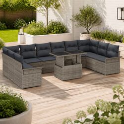 Outdoor Garden Sofa Set 11 Piece Modular Grey Poly Rattan Seating with Cushions