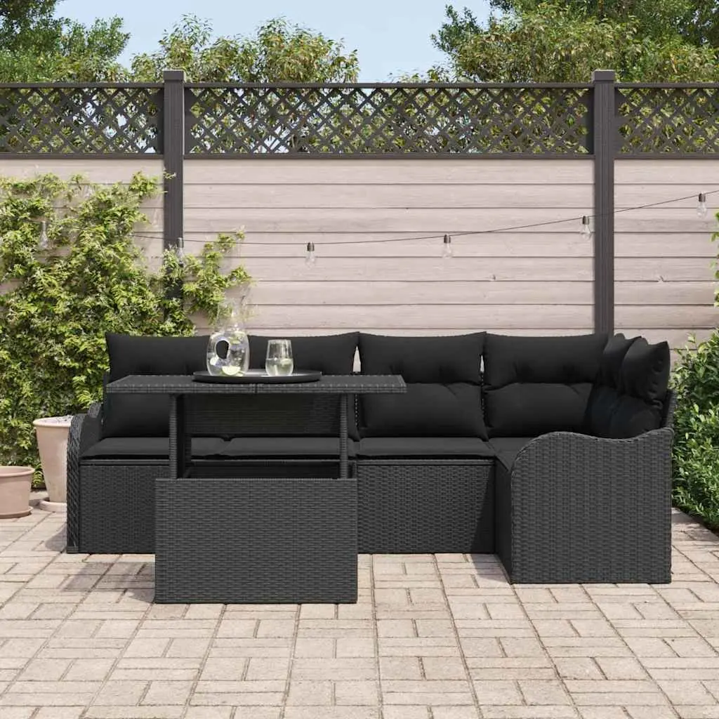 Modular Garden Sofa Set 6 Piece Black Poly Rattan Outdoor Seating with Cushions