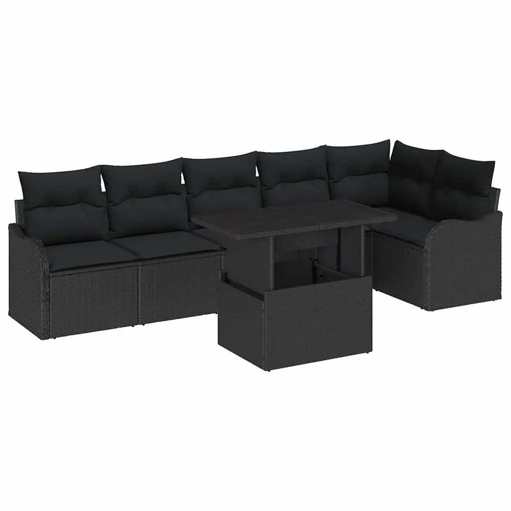 Garden Sofa Set 7 Piece Modular Outdoor Seating Black Poly Rattan with Glass Table