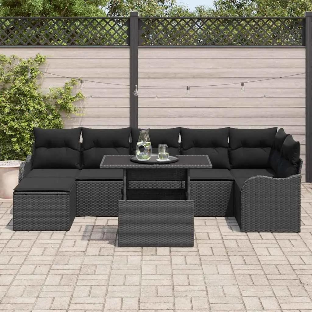 Outdoor Garden Sofa Set 8 Piece Modular Black Poly Rattan Patio Seating with Removable Cushions and Glass Table