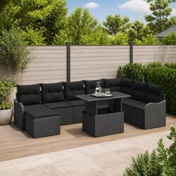 Outdoor Garden Sofa Set 9 Pieces Black Poly Rattan Modular Seating with Cushions