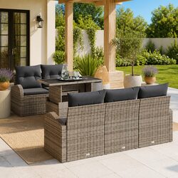 Modular Garden Sofa Set 6pcs Grey Poly Rattan Outdoor Seating with Cushions