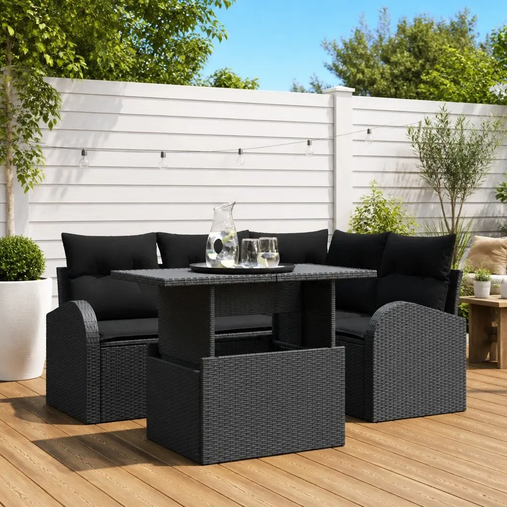 Outdoor Seating Set 5 Piece Modular Sofa Black Poly Rattan Weather Resistant