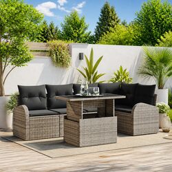 Modular Garden Sofa Set 6 Pieces Outdoor Seating Grey Poly Rattan with Cushions
