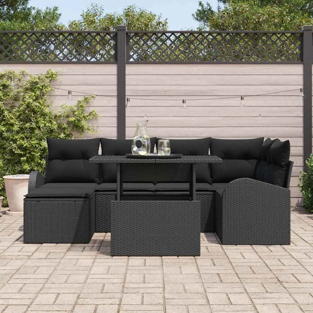 Outdoor Garden Sofa Set 7 Piece Black Poly Rattan Modular Lounge Seating with Tempered Glass Table