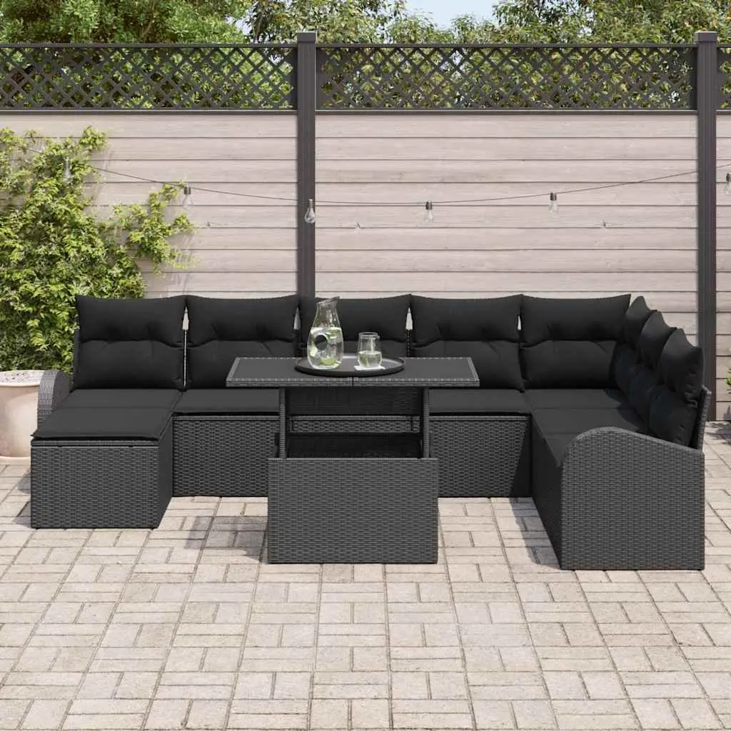 Modular Garden Sofa Set 9 Piece Black Outdoor Furniture Flexible Seating Poly Rattan Construction Tempered Glass Table