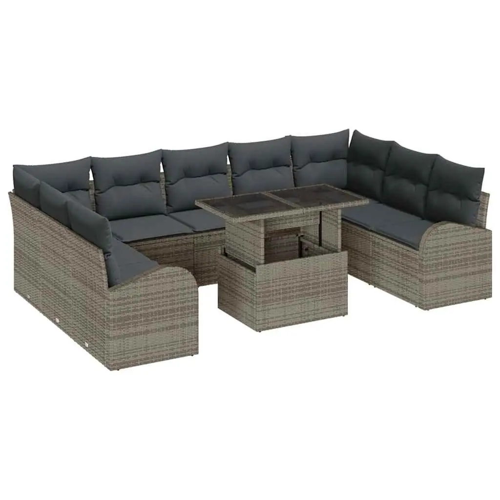 Modular Garden Sofa Set 10 Pieces Grey Poly Rattan Outdoor Furniture with Height Adjustable Table