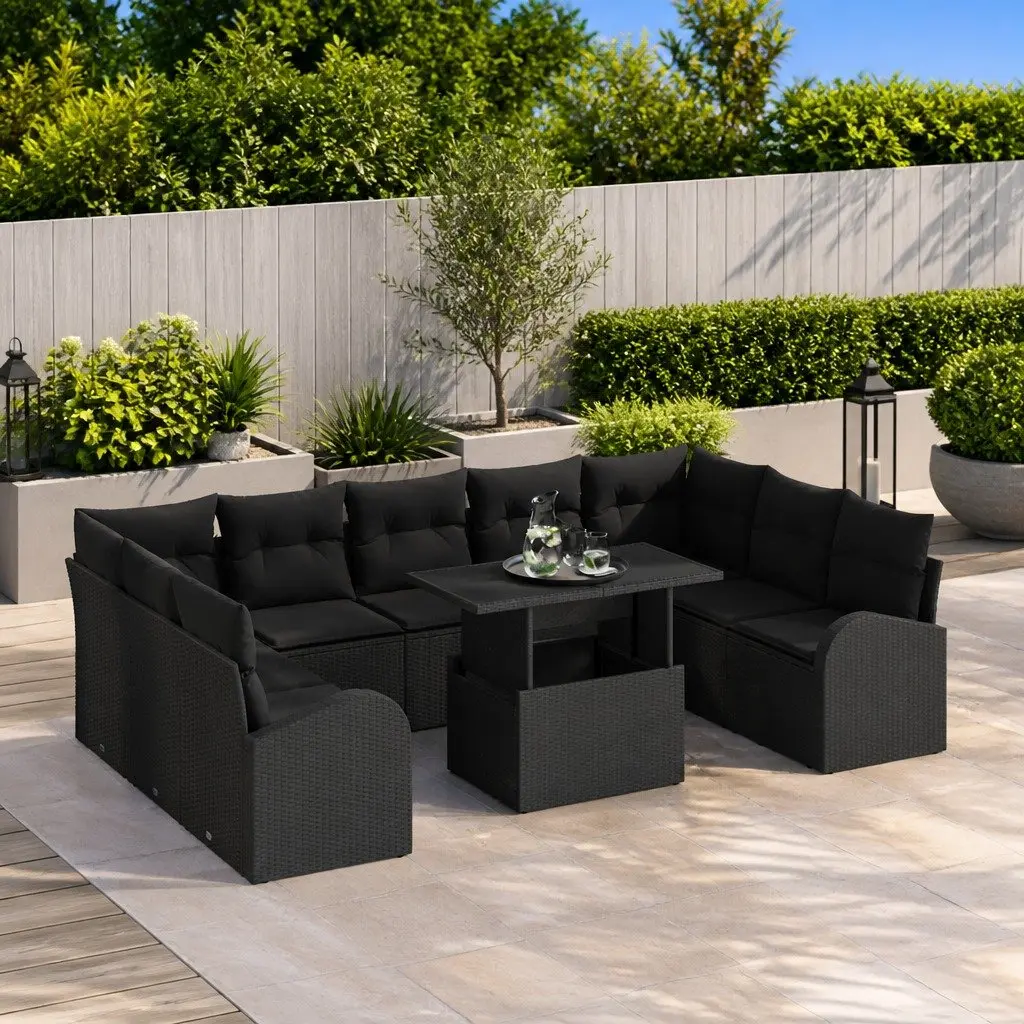 Modular Garden Sofa Set 10 Piece Black Poly Rattan Weather Resistant with Adjustable Table