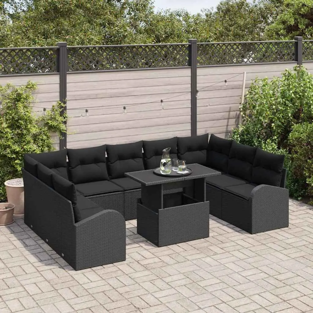 Modular Garden Sofa Set 10 Piece Black Poly Rattan Weather Resistant with Adjustable Table