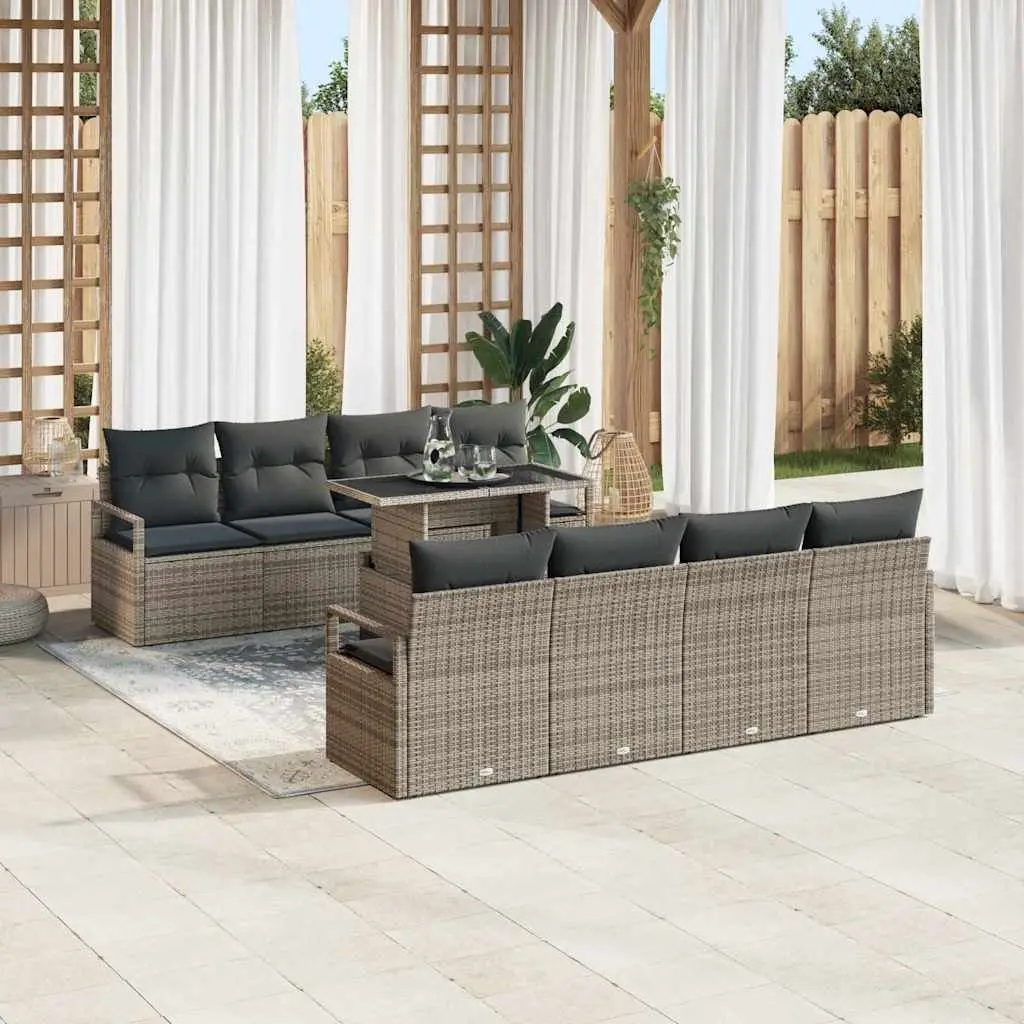 Garden Sofa Set 9 Pieces Grey Poly Rattan Modular Lounge with Adjustable Table and Plush Cushions