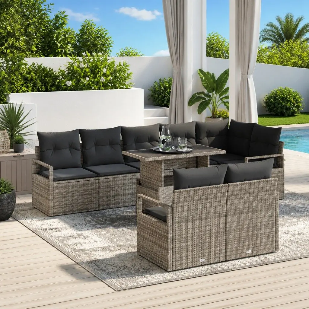 9PieceGreyOutdoorPolyRattanModularSofaSetwithCushionsandAdjustableTableforOutdoorLivingGardenPatioandTerrace
