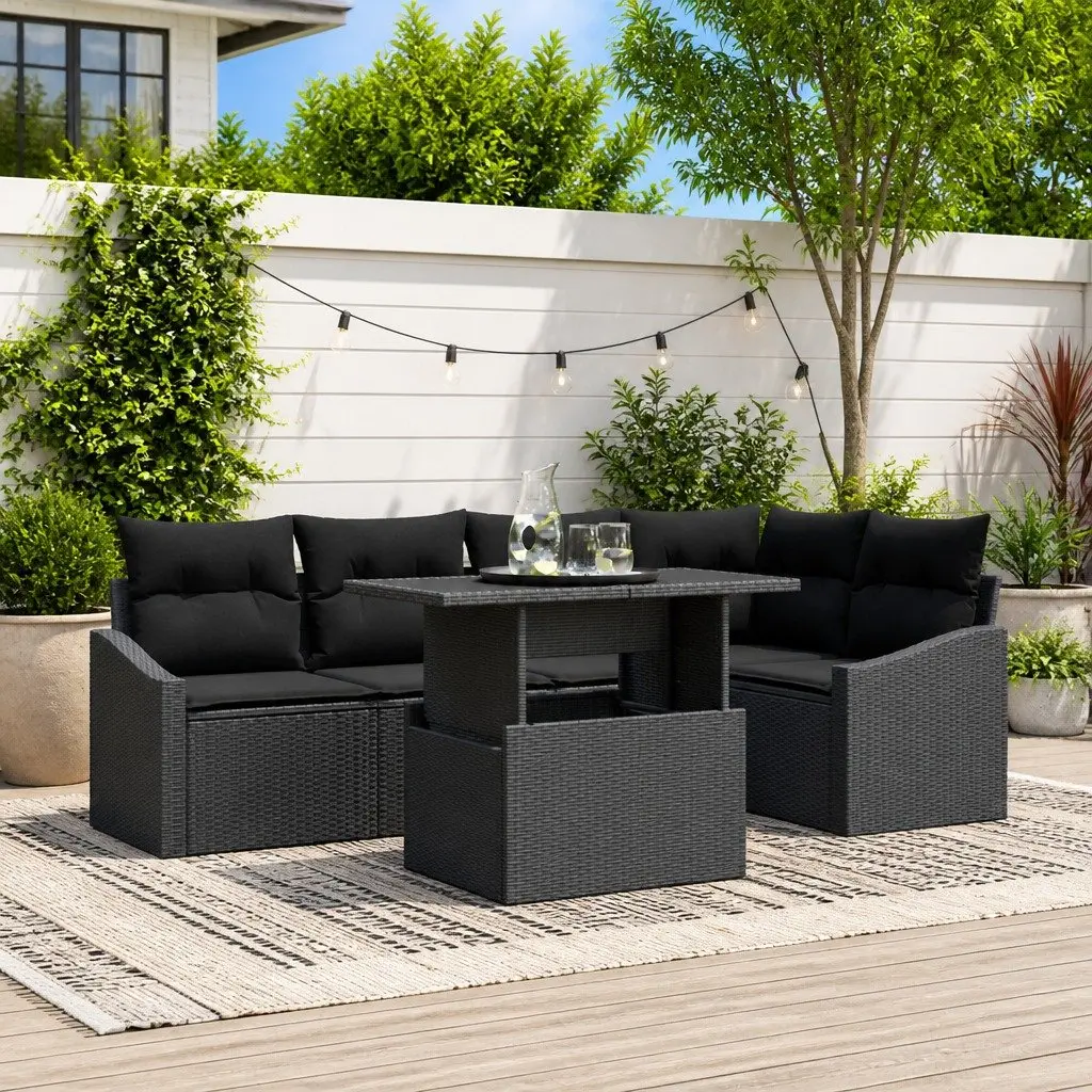 Garden Sofa Set 6 Piece Outdoor Seating Black Poly Rattan Steel Frame Modular