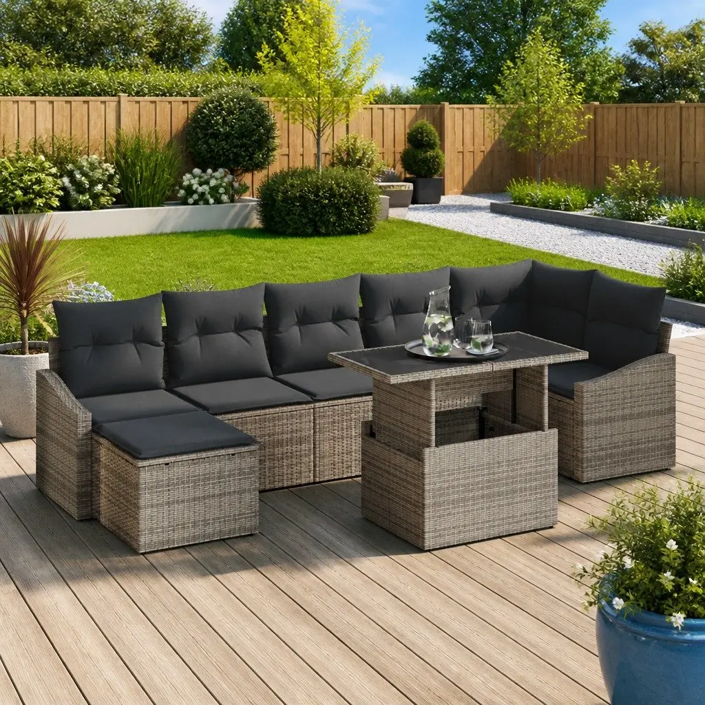 Garden Sofa Set 8 Pieces Grey Modular Outdoor Seating with Powder-Coated Steel Frame and Adjustable Feet