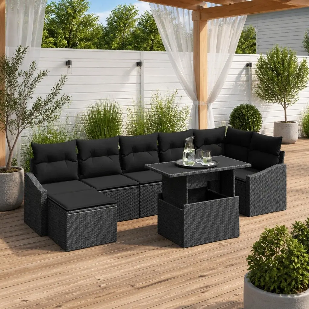 Outdoor Sofa Set 8 Pieces Modular Black Poly Rattan Steel Frame Weather Resistant Garden Furniture