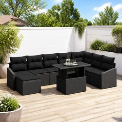 9 Piece Outdoor Garden Sofa Set Black Poly Rattan Modular Patio Seating with