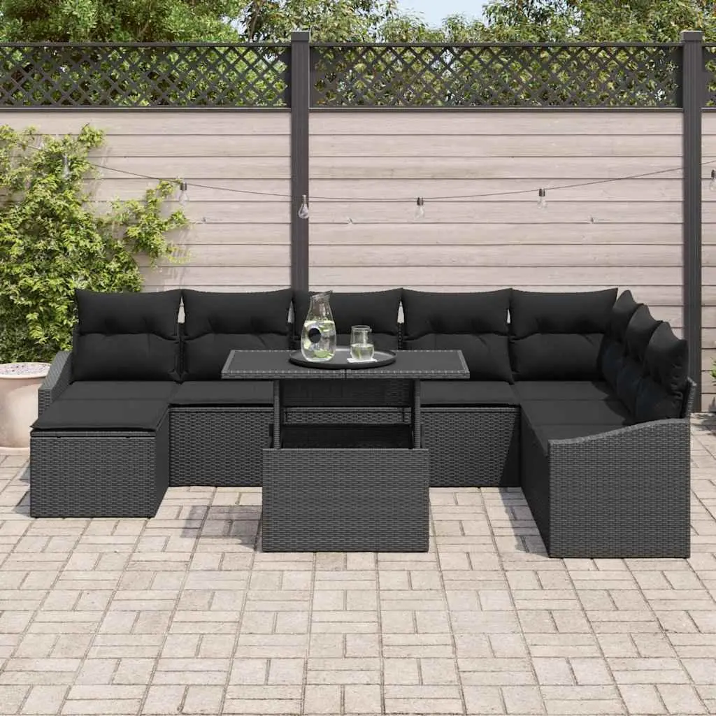 9 Piece Outdoor Garden Sofa Set Black Poly Rattan Modular Patio Seating with Cushions